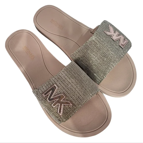 Michael Kors MK Logo Rhinestone Pool Slide Sandals White Gold - Picture 5 of 6